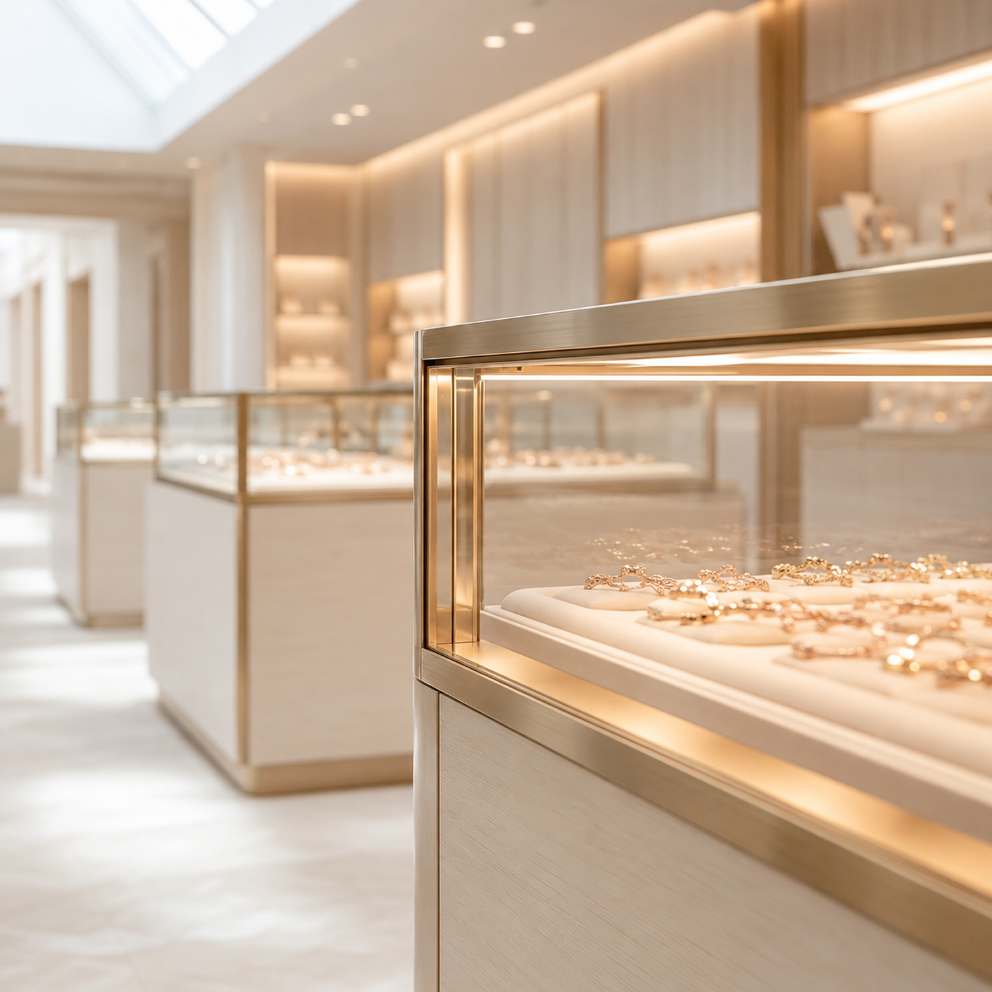 Jewelry store interior with display cases